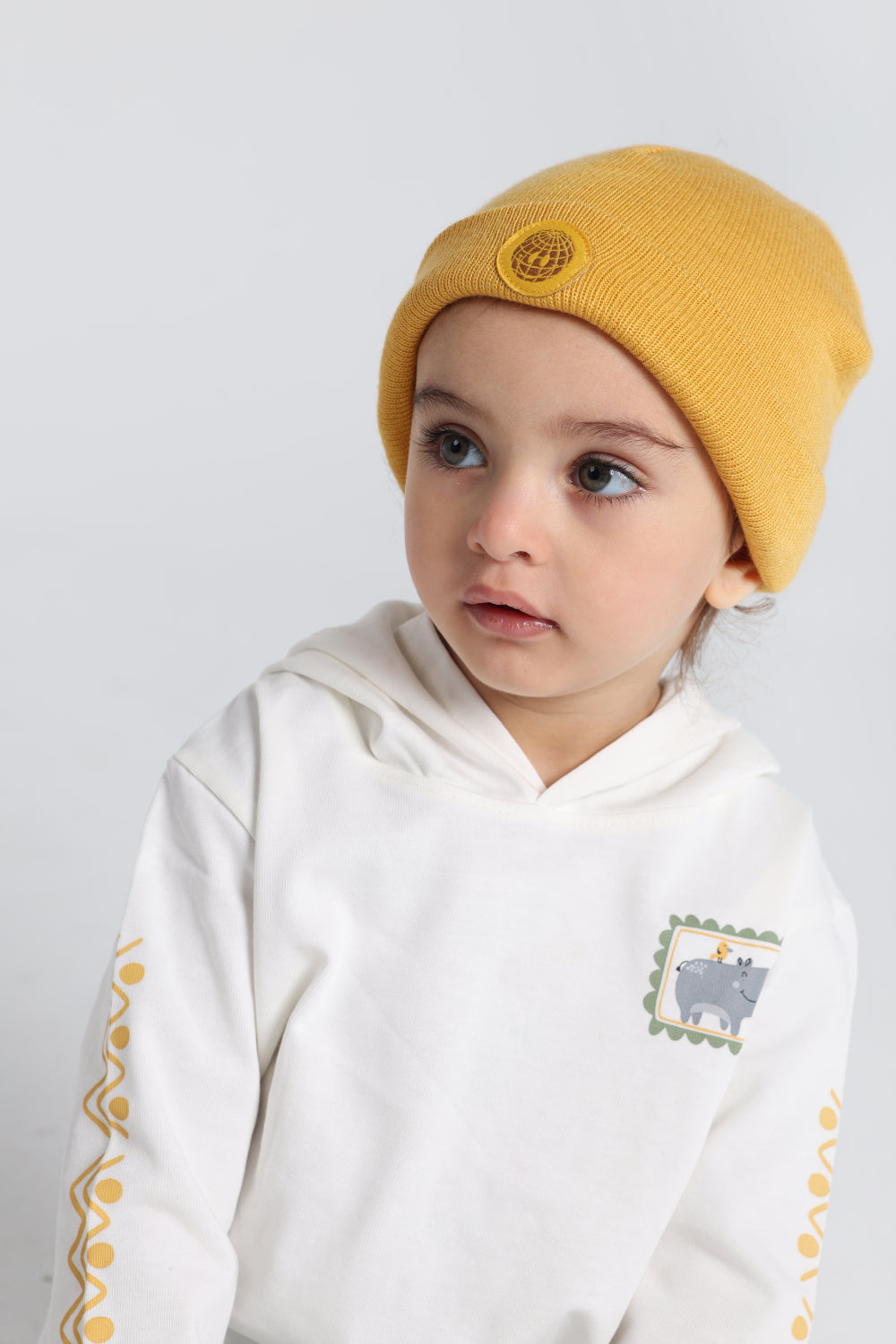 Unisex Acrylic Beanie - Mustard with Smiley Face Appliqued