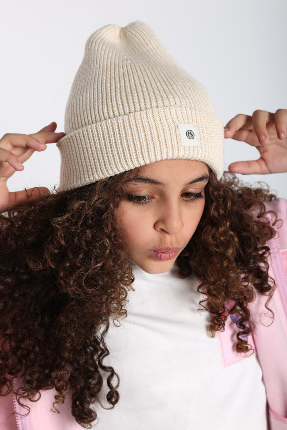 Unisex Cozy Blend Beanie – Beige with Happy Smiley