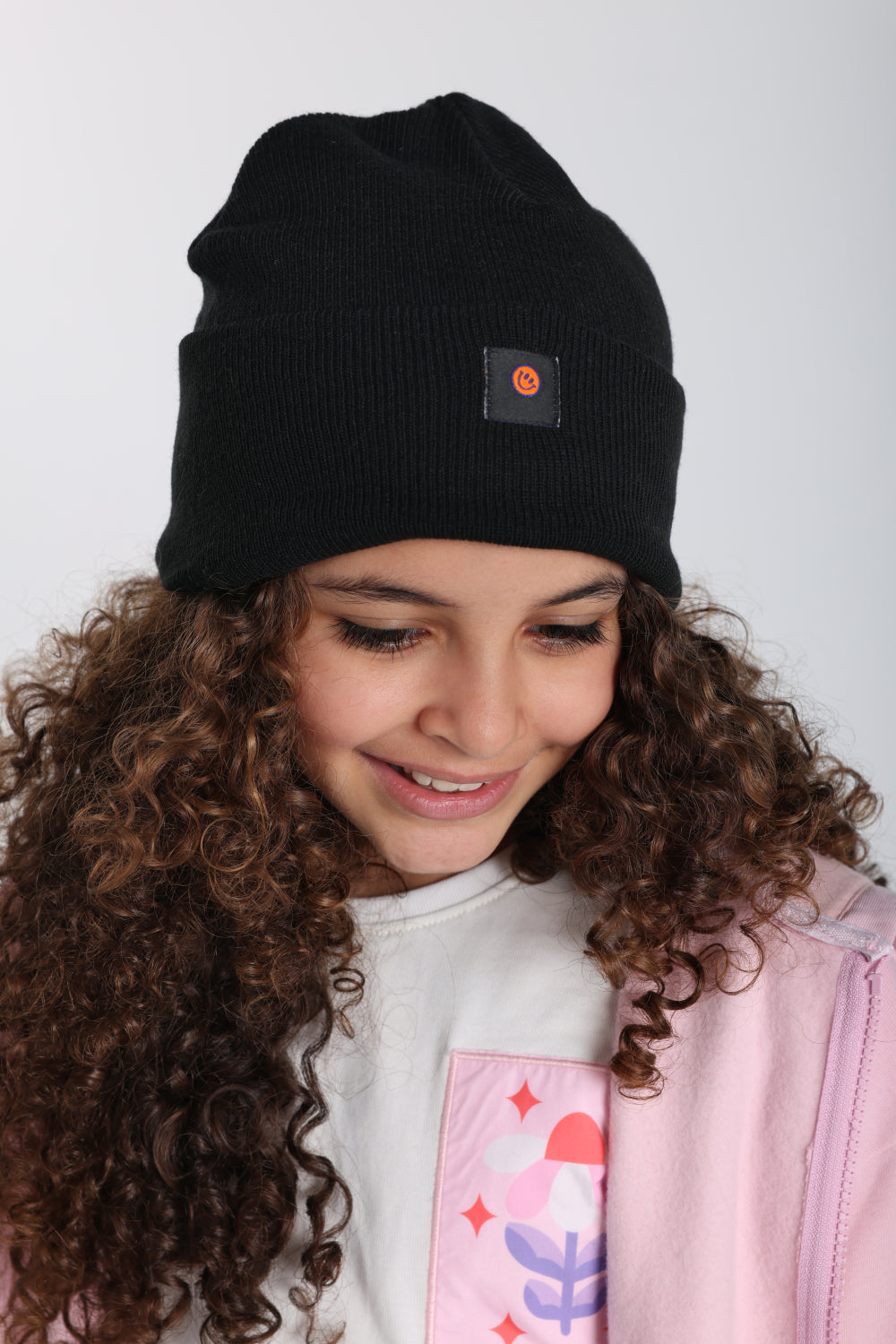 Unisex Acrylic Beanie - Black with Smiley Face Appliqued