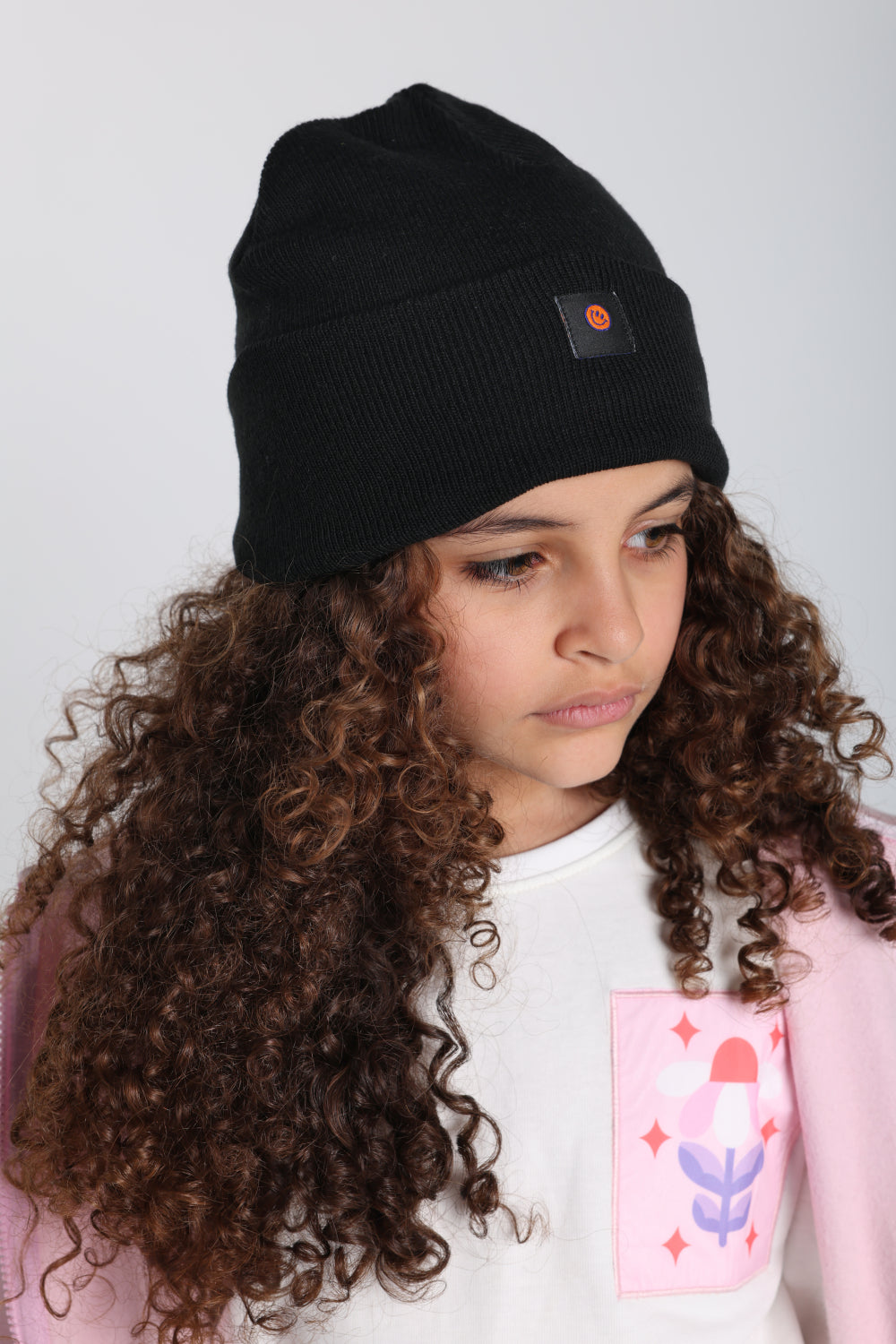 Unisex Acrylic Beanie - Black with Smiley Face Appliqued