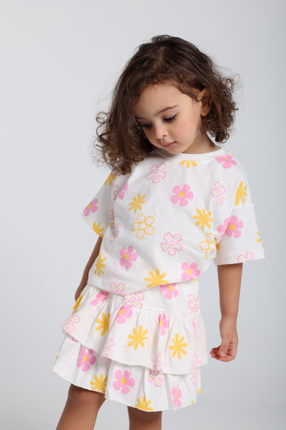 baby girls cotton outfit set – offwhite printed flowers short sleeves