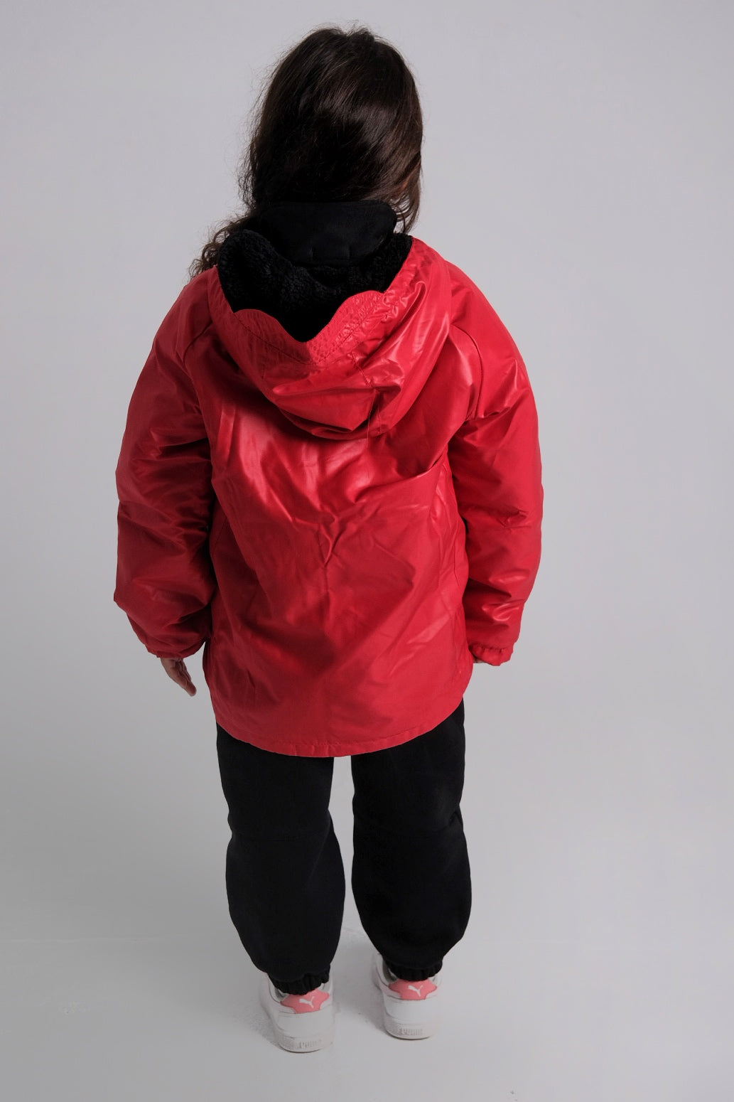 unisex red fur lined raincoat