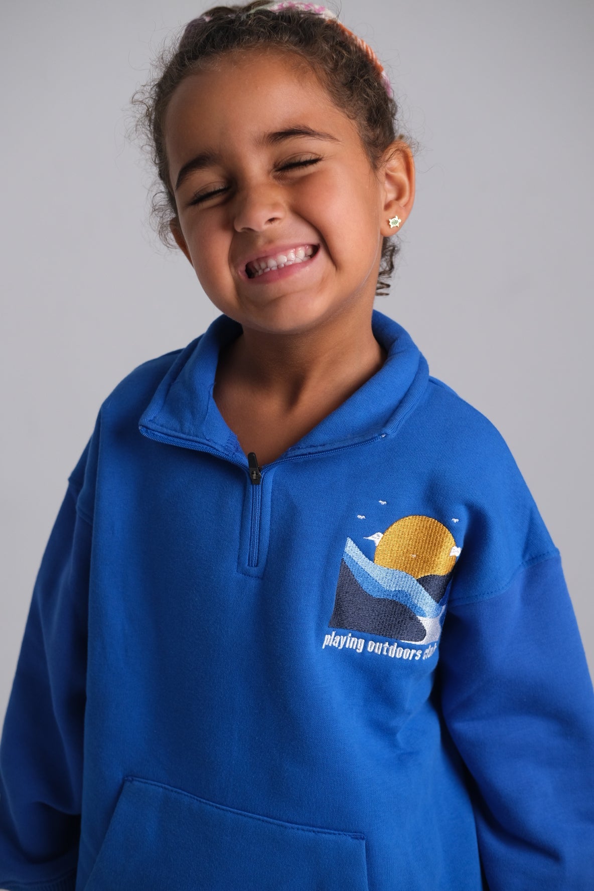 unisex blue "playing outdoors club" long-sleeved sweatshirt