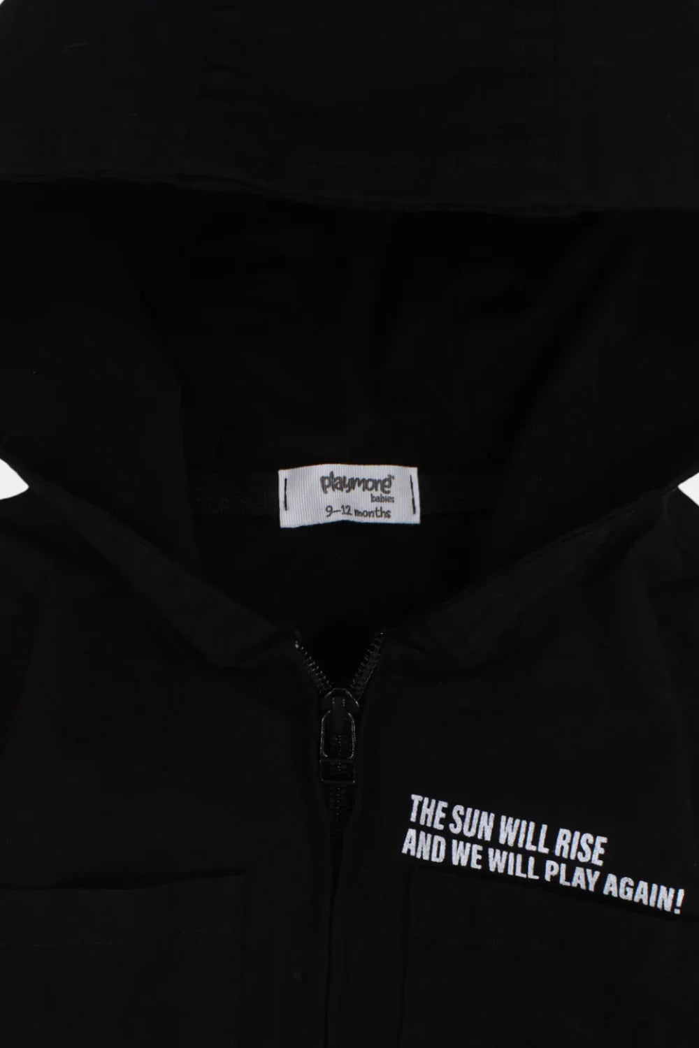 unisex baby gabardine jacket – black "the sun will rise" - playmore