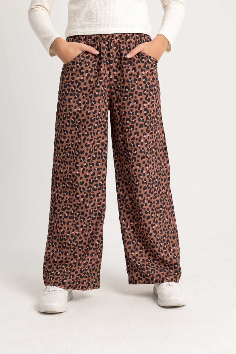 girls leopard-print polyester pants – brown