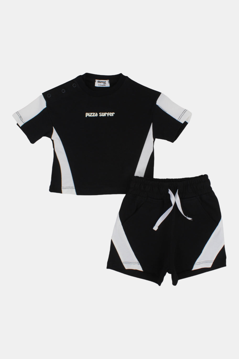 unisex baby black cotton outfit set – pizza surfer short sleeves