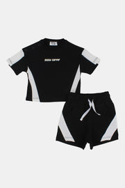 unisex baby black cotton outfit set – pizza surfer short sleeves
