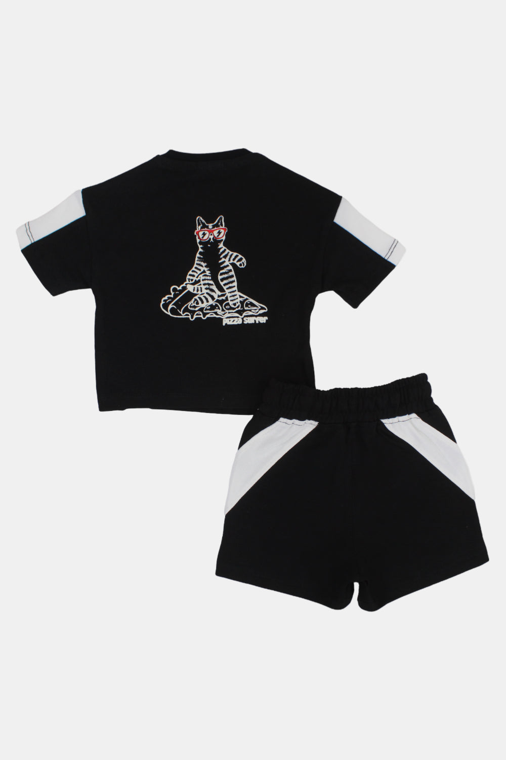 unisex baby black cotton outfit set – pizza surfer short sleeves