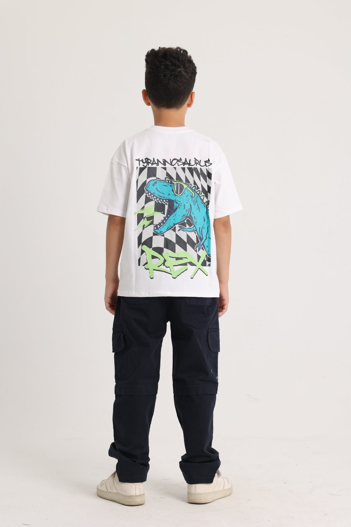 white cotton t-shirt with dino print