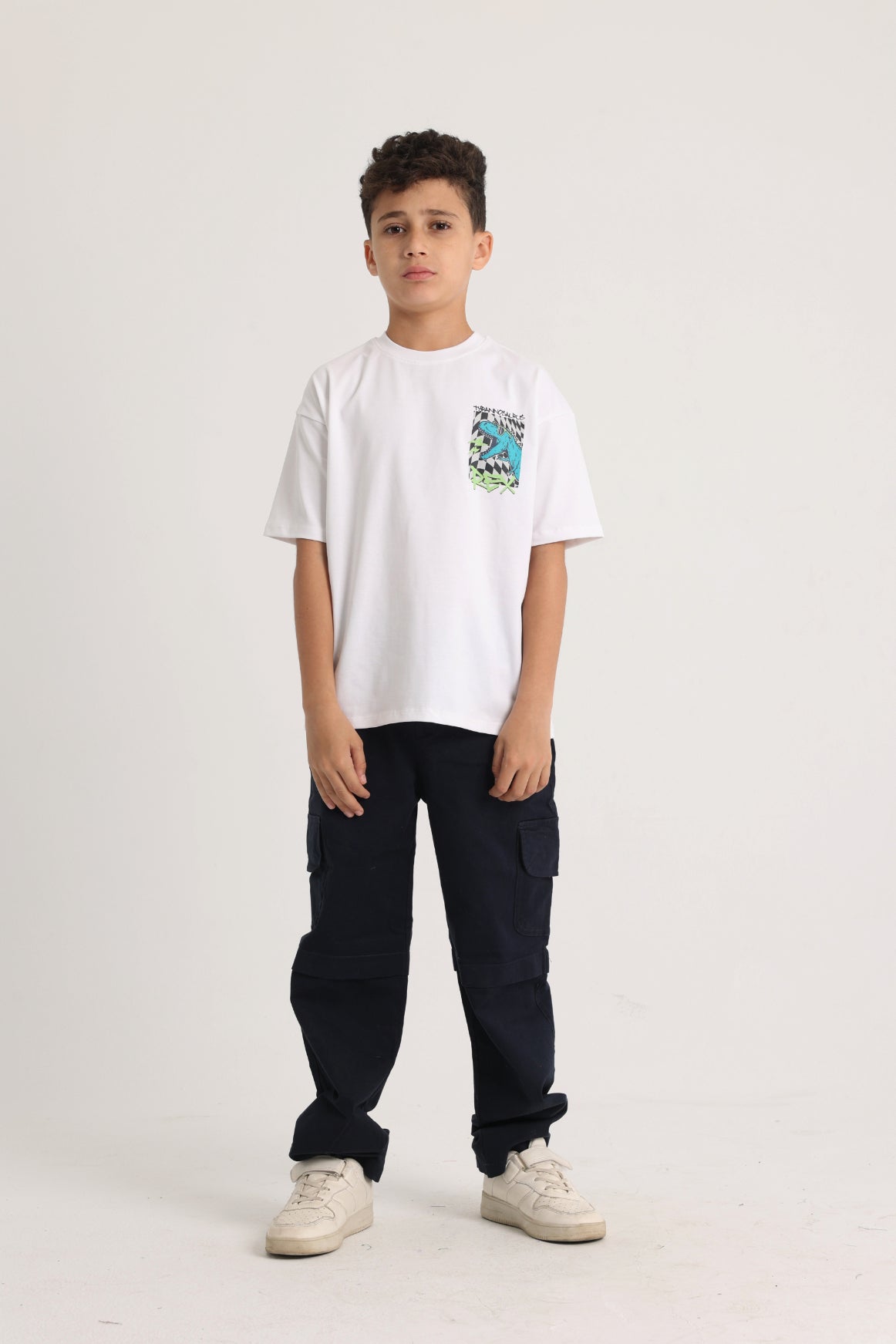 white cotton t-shirt with dino print