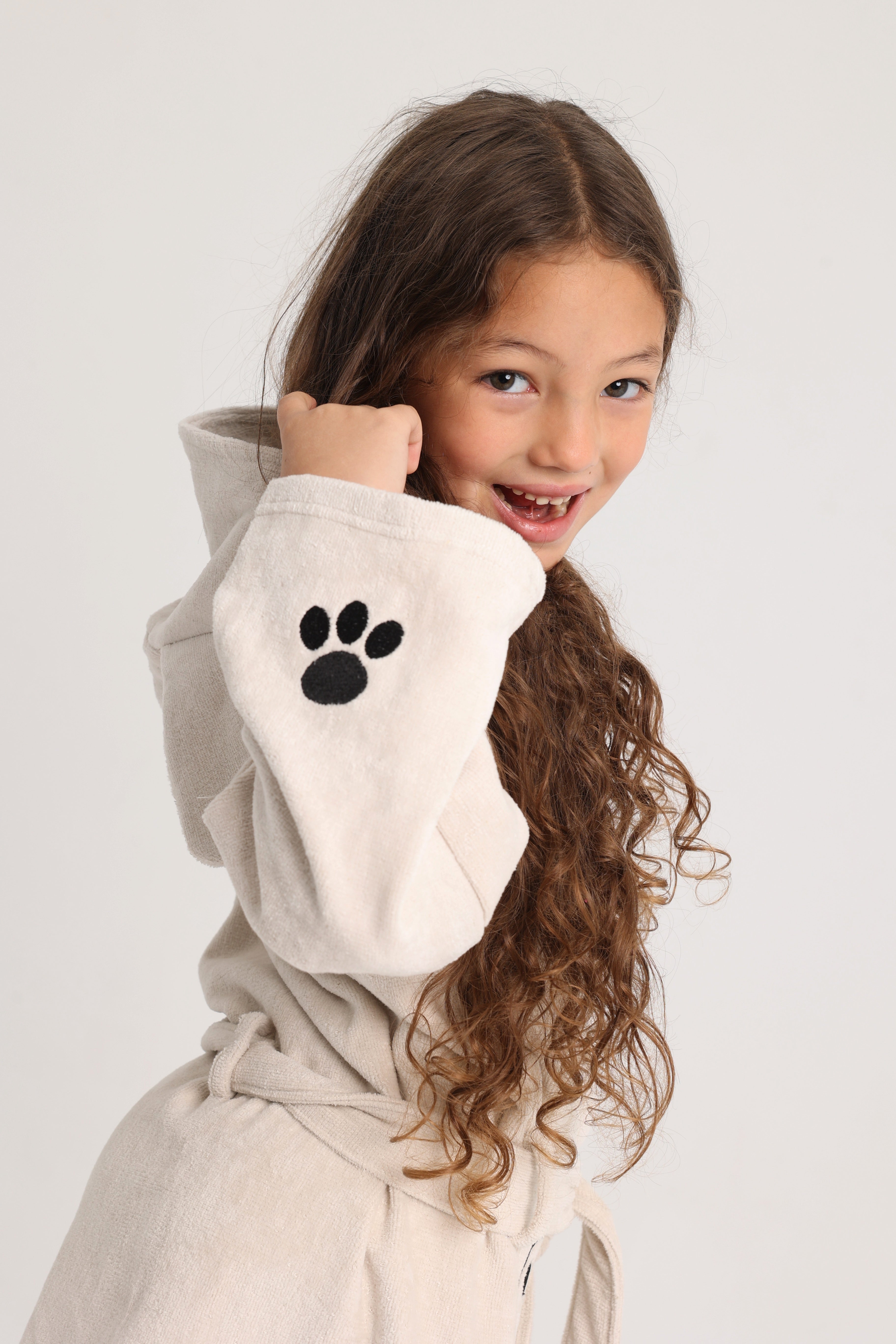 unisex swim robe – beige dog sleeves