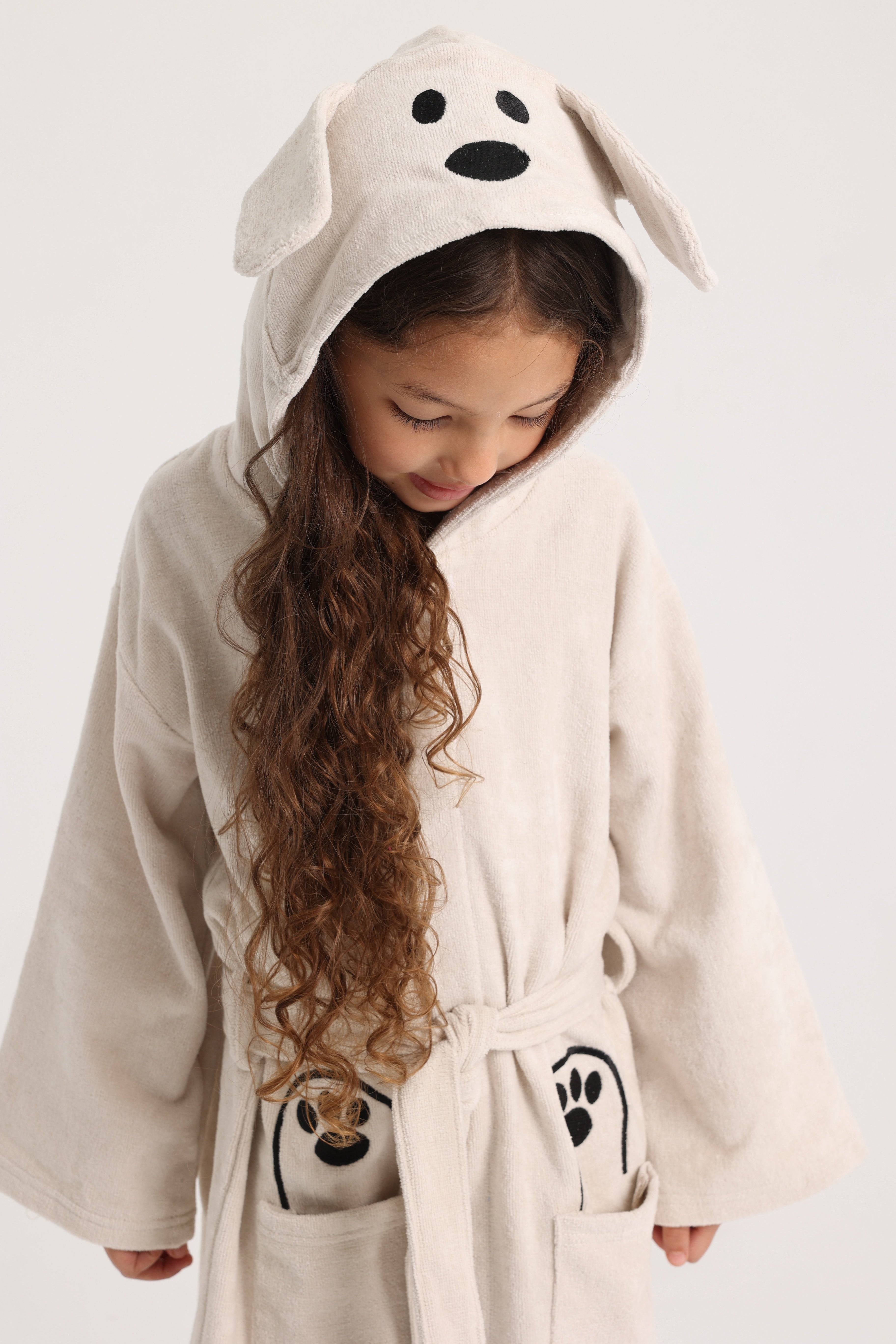 unisex swim robe – beige dog sleeves
