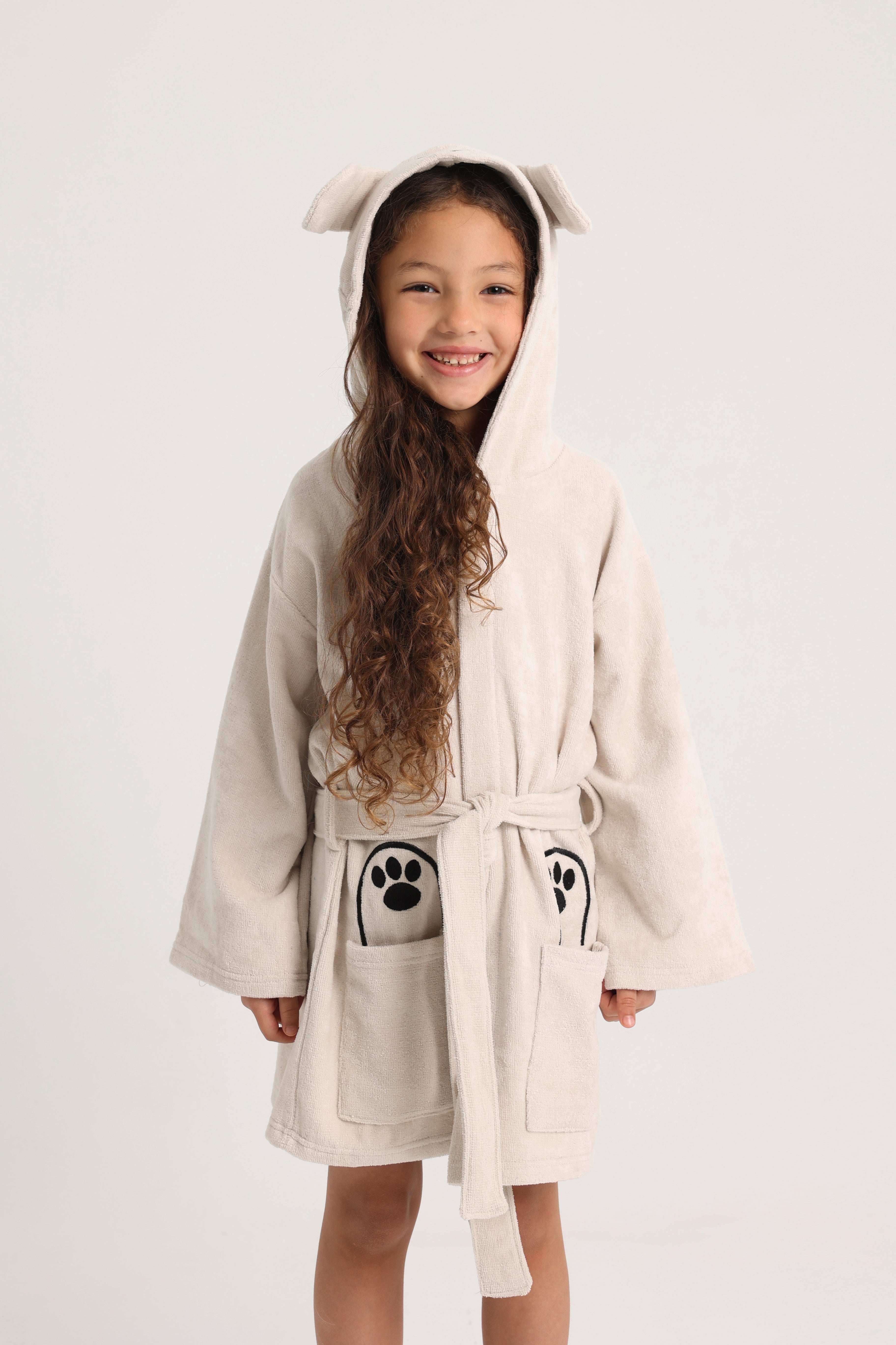 unisex swim robe – beige dog sleeves