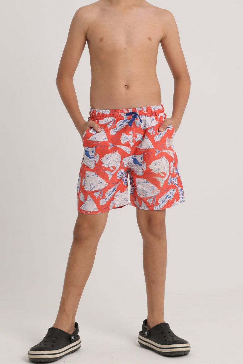 boys swimsuit – red fish print