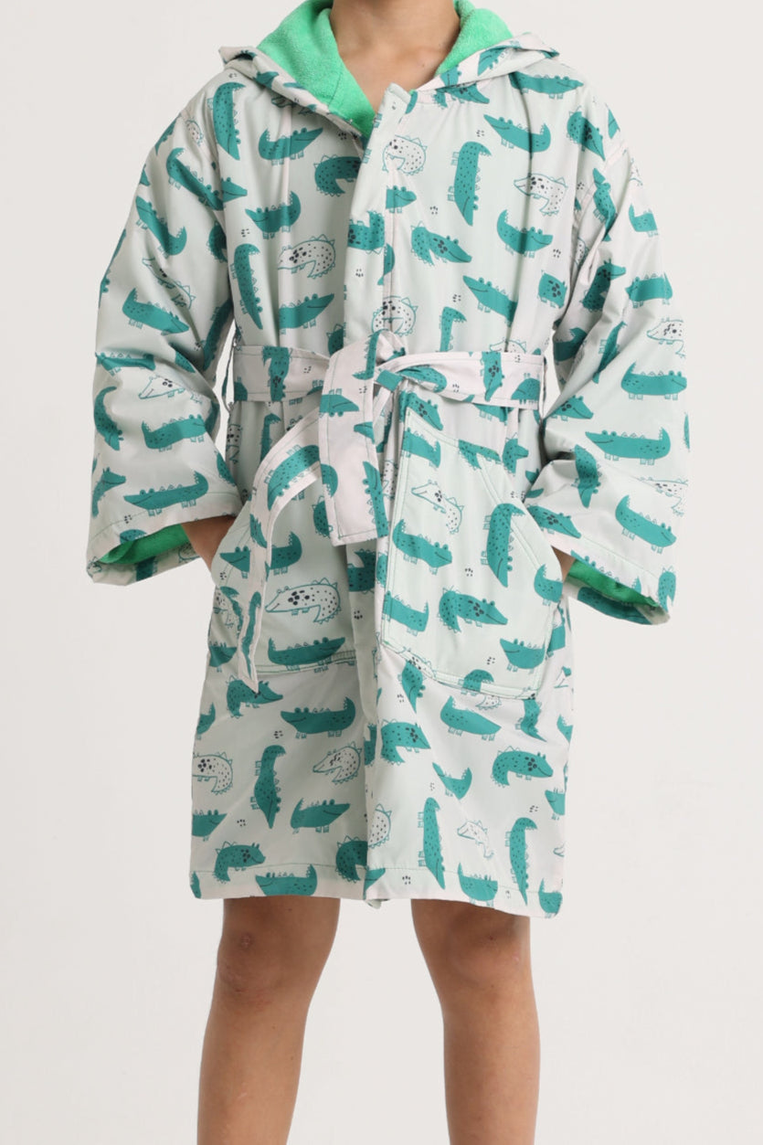 unisex swim robe – beige with crocodiles print