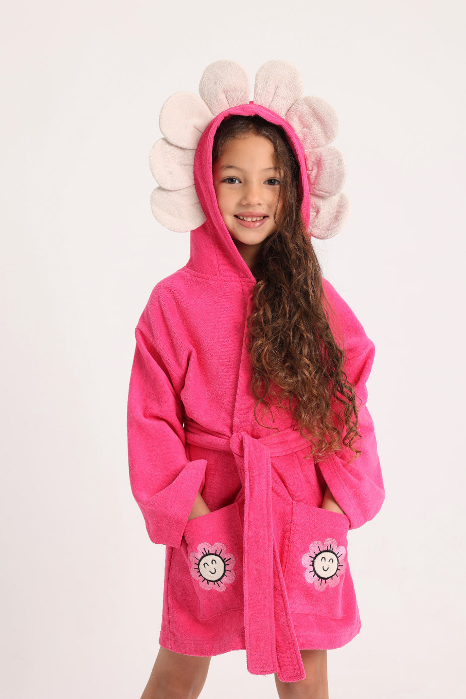 girls swim robe – fuchsia flowers smile sleeves