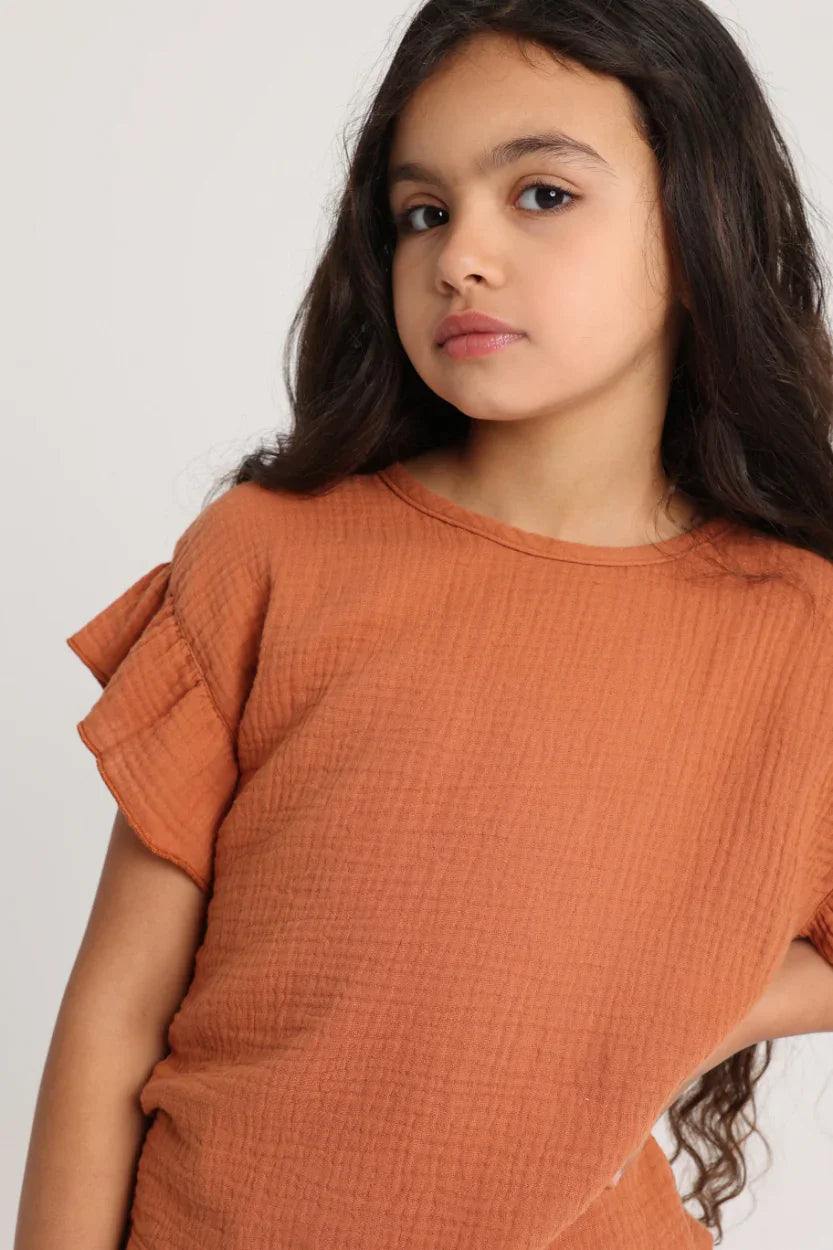 Girls Cotton Short-Sleeved Blouse – Brick - playmore