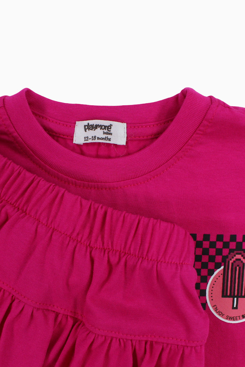 Baby Girls Cotton Outfit Set – Fuchsia Short Sleeves