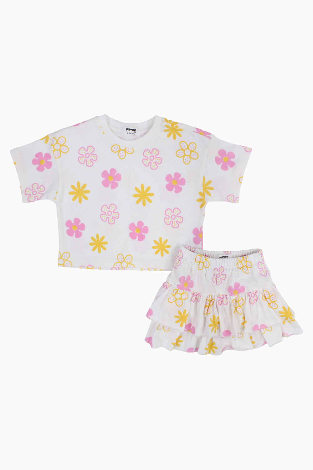 Baby Girls Cotton Outfit Set – Offwhite Printed Flowers Short Sleeves