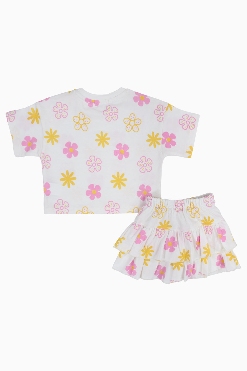 Baby Girls Cotton Outfit Set – Offwhite Printed Flowers Short Sleeves