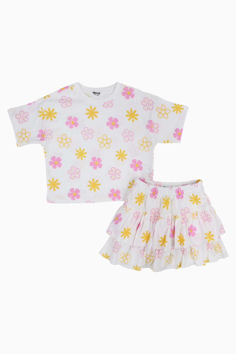 Girls Cotton Outfit Set – Offwhite Printed Flowers Short Sleeves