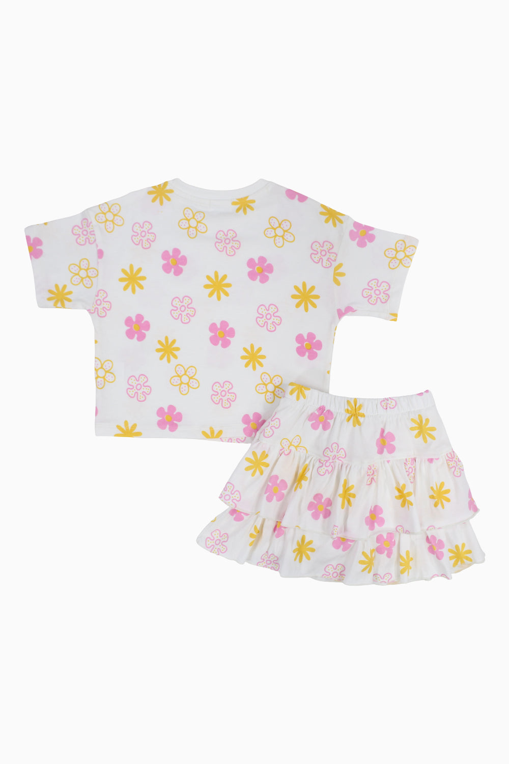 Girls Cotton Outfit Set – Offwhite Printed Flowers Short Sleeves