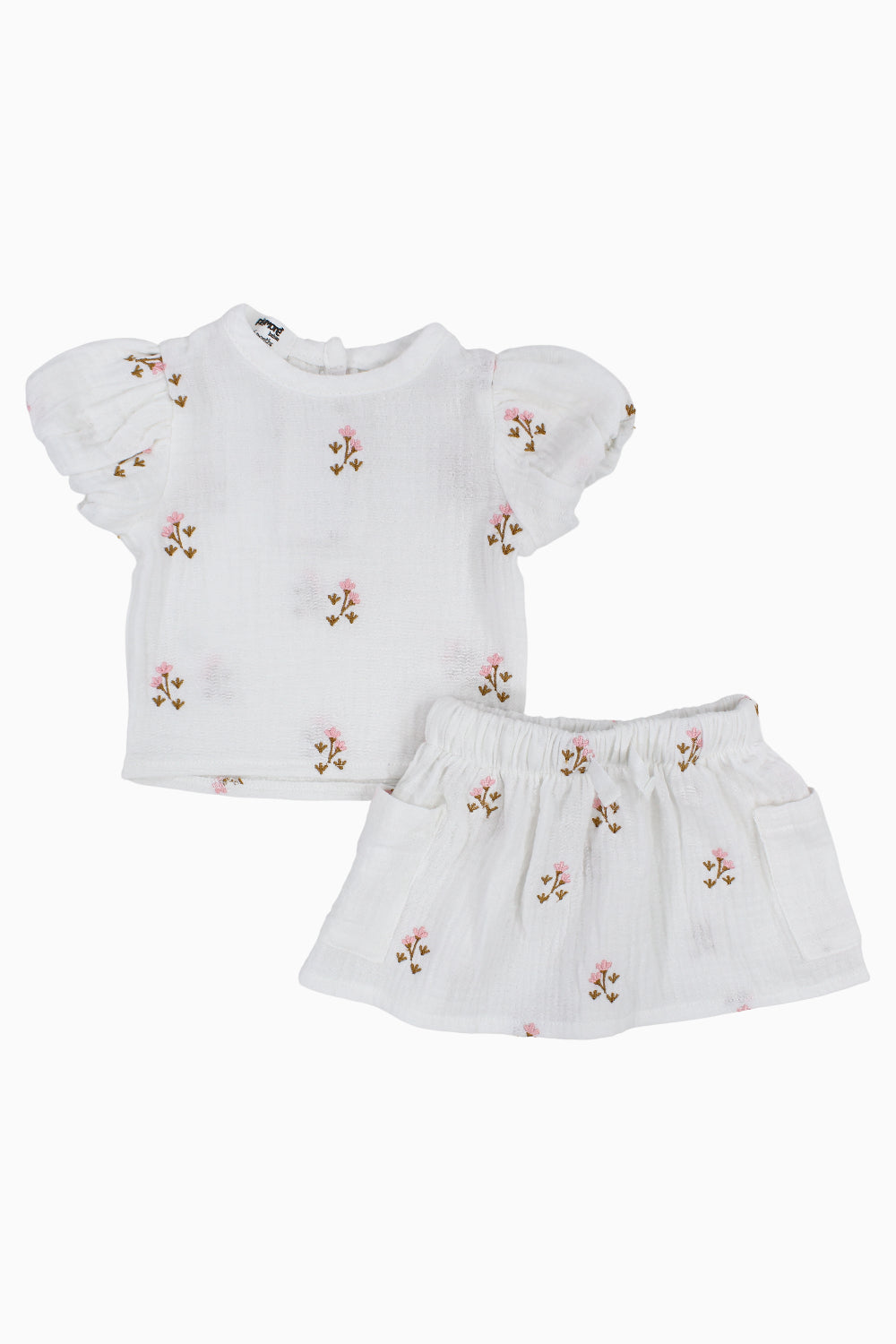 Baby Girls Cotton Outfit Set – Offwhite Embroidery Flowers Short Sleeves