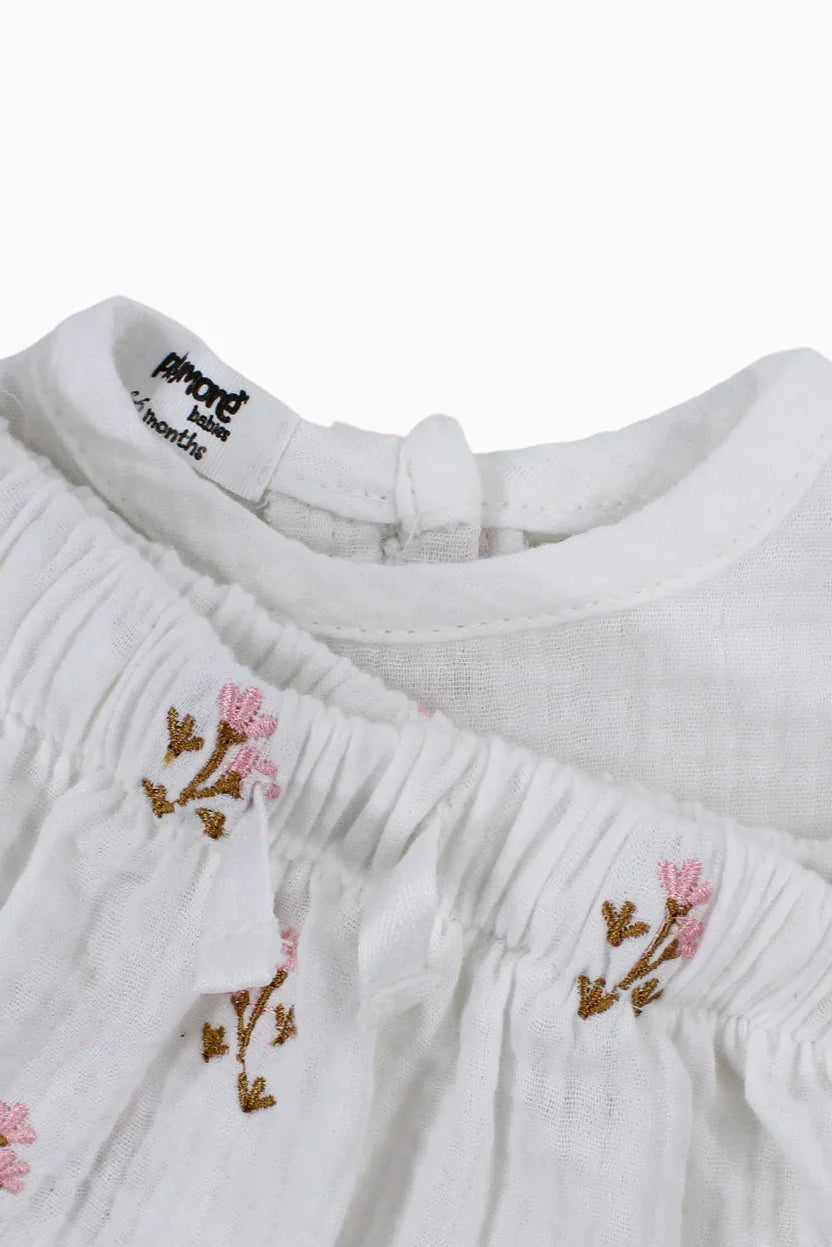 Baby Girls Cotton Outfit Set – Offwhite Embroidery Flowers Short Sleeves - playmore