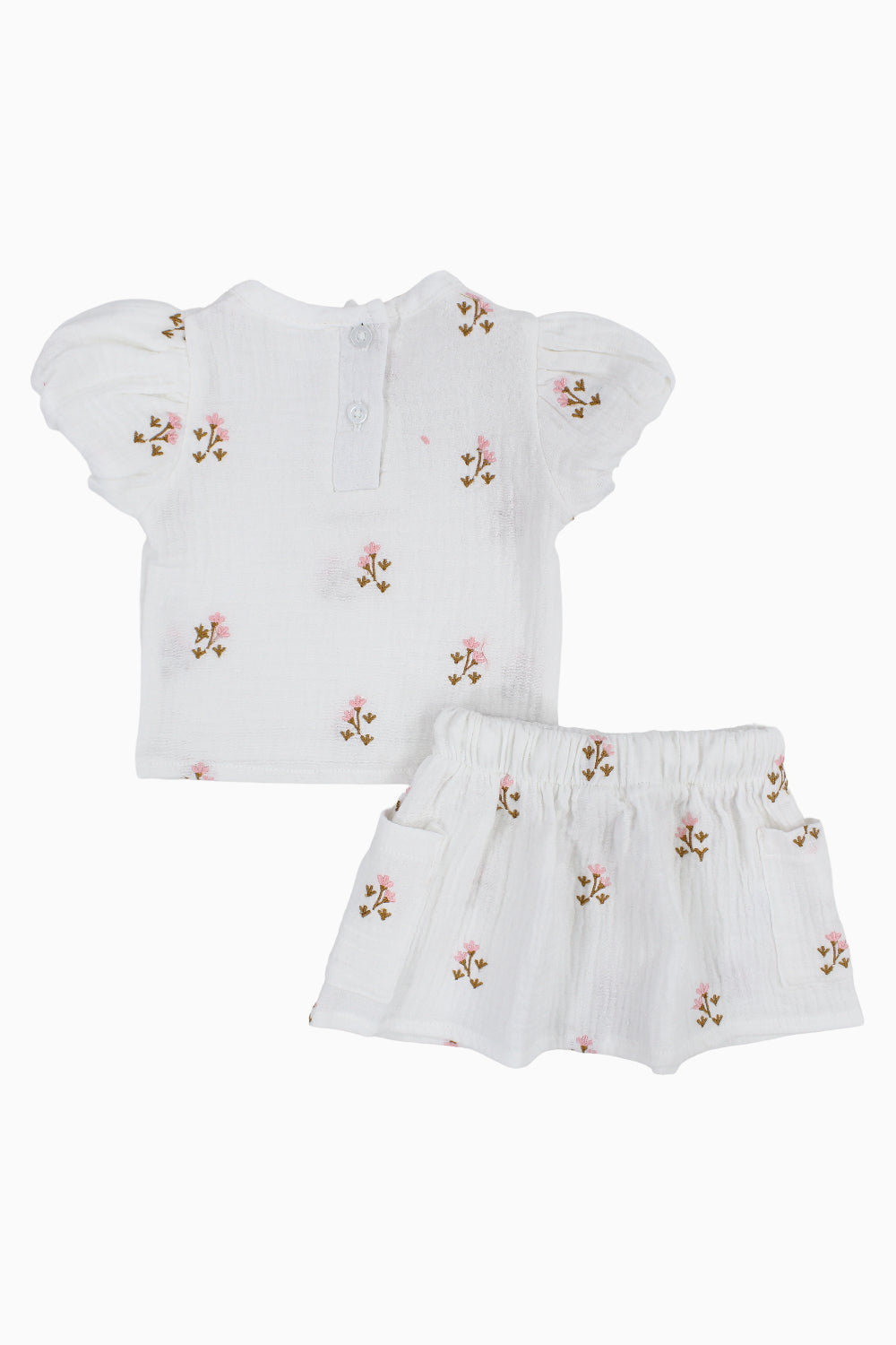 Baby Girls Cotton Outfit Set – Offwhite Embroidery Flowers Short Sleeves