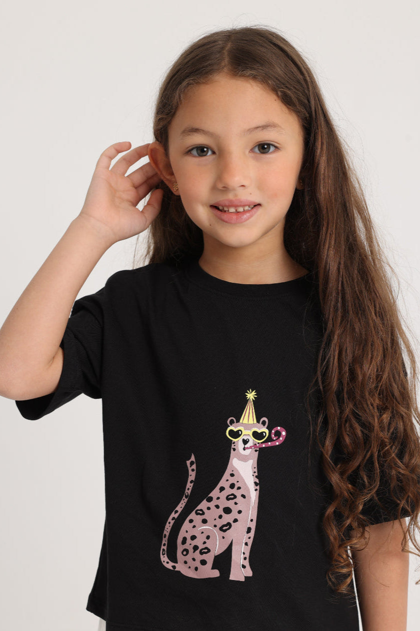 Girls Cotton Outfit Set – Black (Short Sleeves)