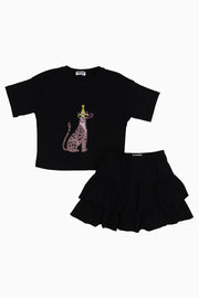 Girls Cotton Outfit Set – Black (Short Sleeves)