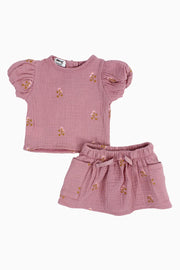 Baby Girls Cotton 2-Piece Outfit Set – Dusty Pink with Printed Flowers - playmore