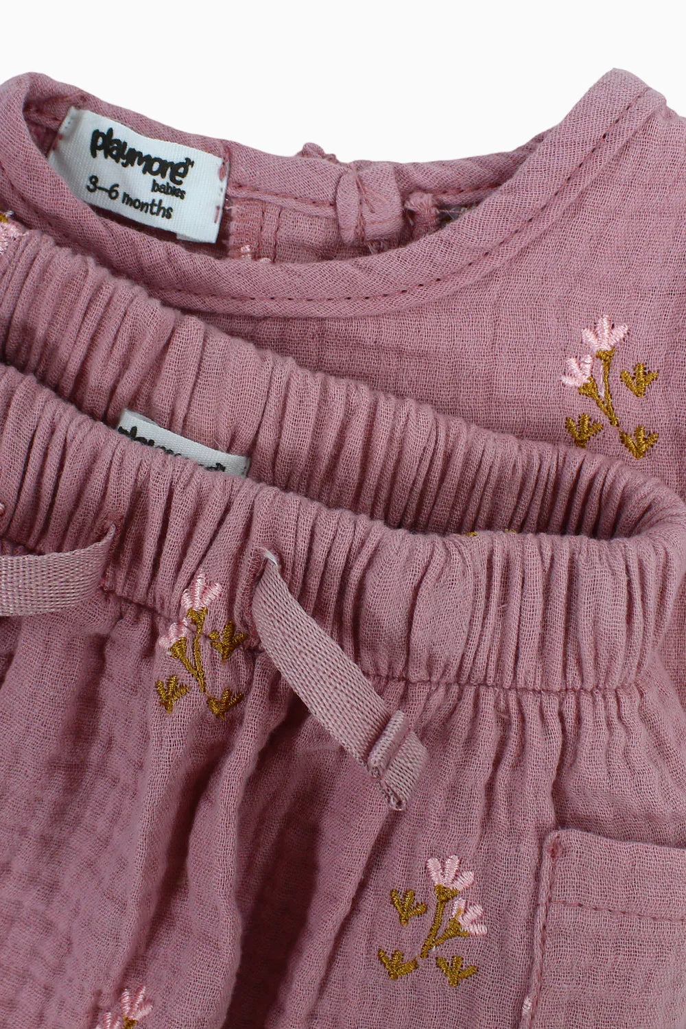 Baby Girls Cotton 2-Piece Outfit Set – Dusty Pink with Printed Flowers - playmore