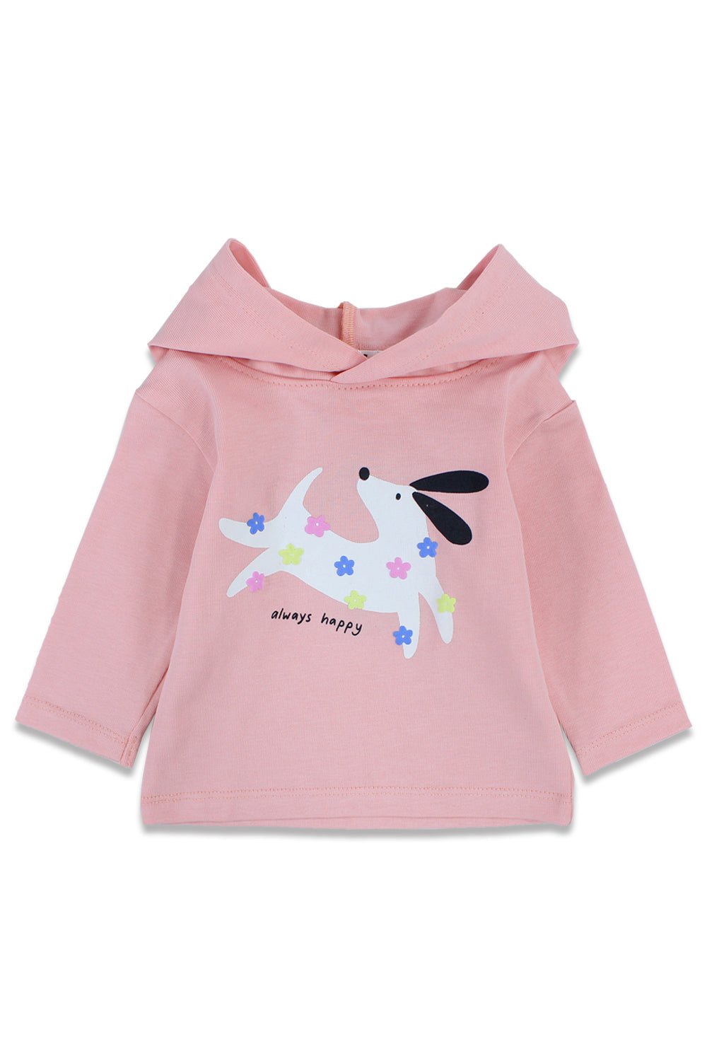 baby girls cotton hooded t-shirt salmon with "always happy" dog print