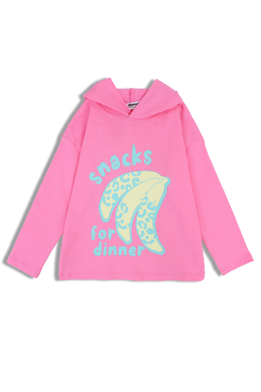 girls cotton hoodie – pink with "snacks for dinner" bananas print