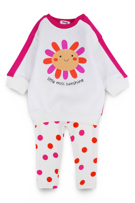 baby girls cotton outfit set – offwhite & fuchsia with "little miss sunshine" design