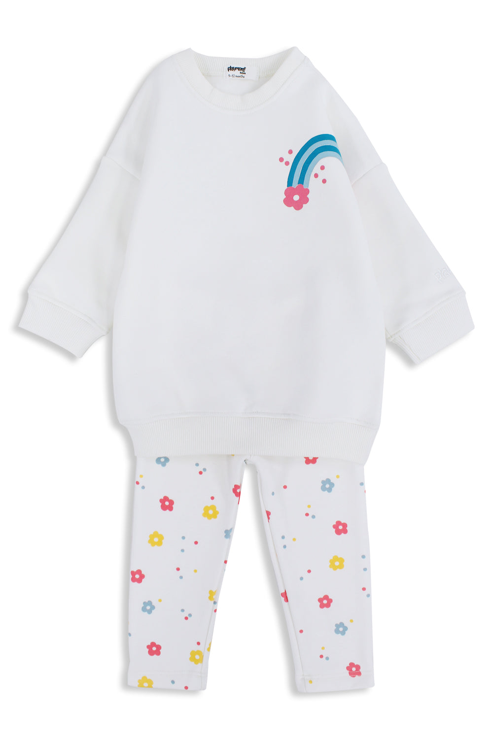 baby girls cotton outfit set – off-white with rainbow & flowers print