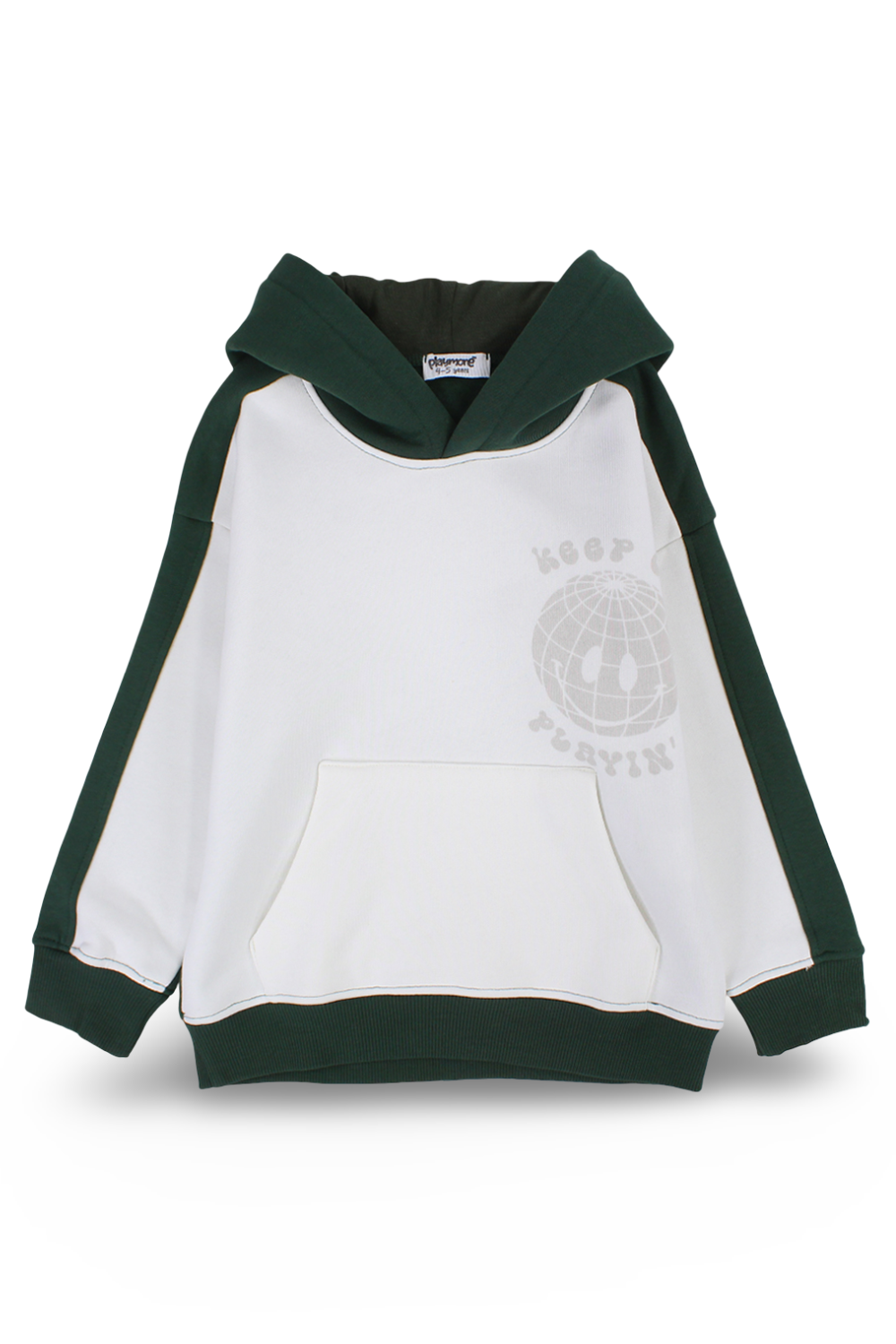 boys cotton hoodie – offwihte & olive with "keep on playing" print