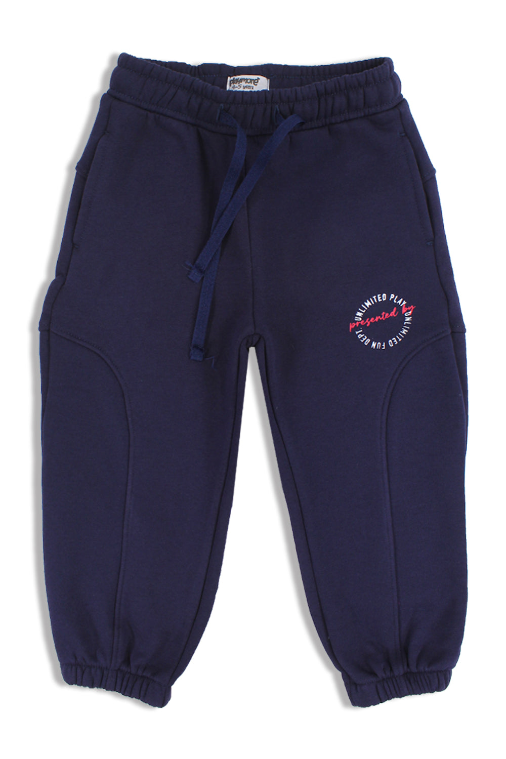 boys cotton sweatpants – navy with "unlimited play presented by unlimited fun dept" print
