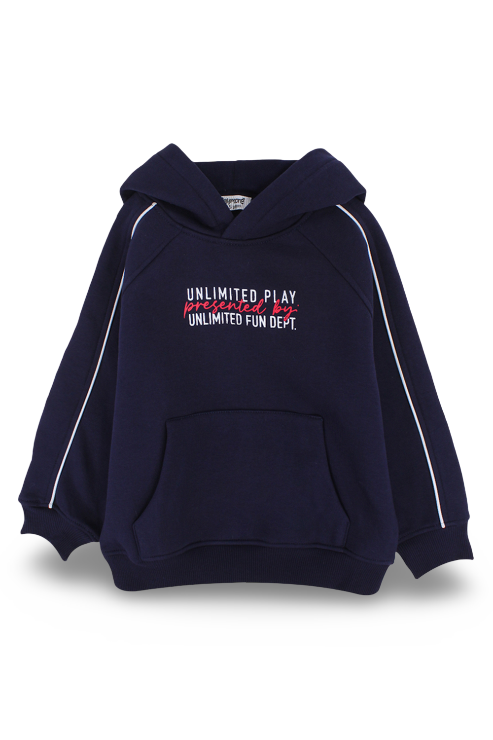 boys cotton hoodie – navy with "unlimited play presented by unlimited fun dept" print