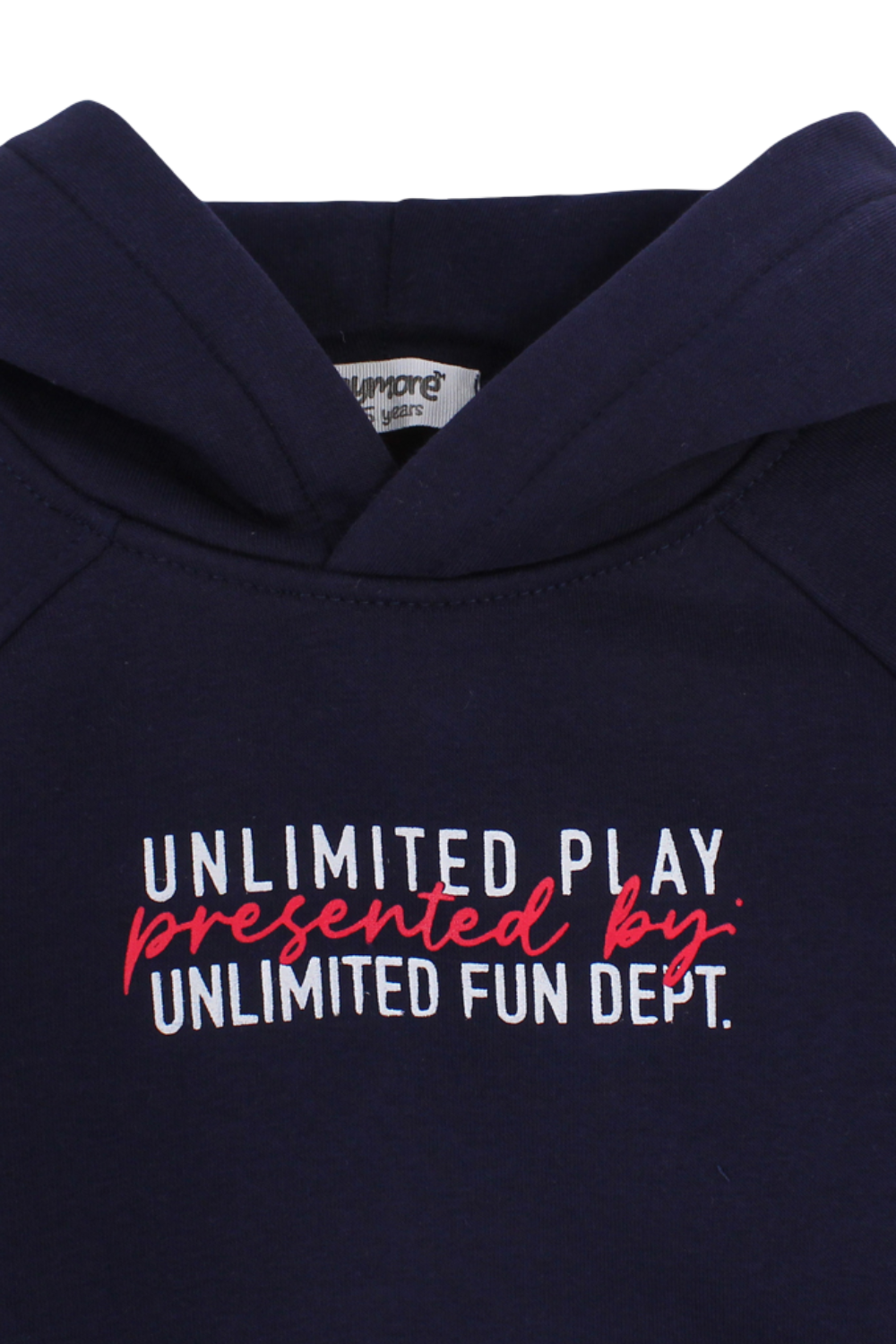 boys cotton hoodie – navy with "unlimited play presented by unlimited fun dept" print