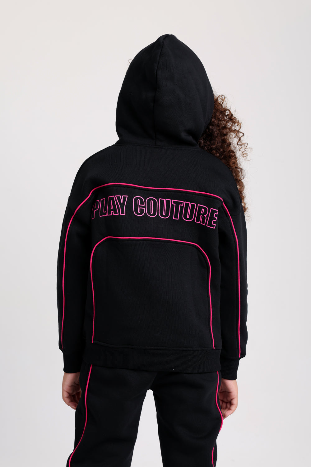 girls cotton hoodie - black with "play couture" print