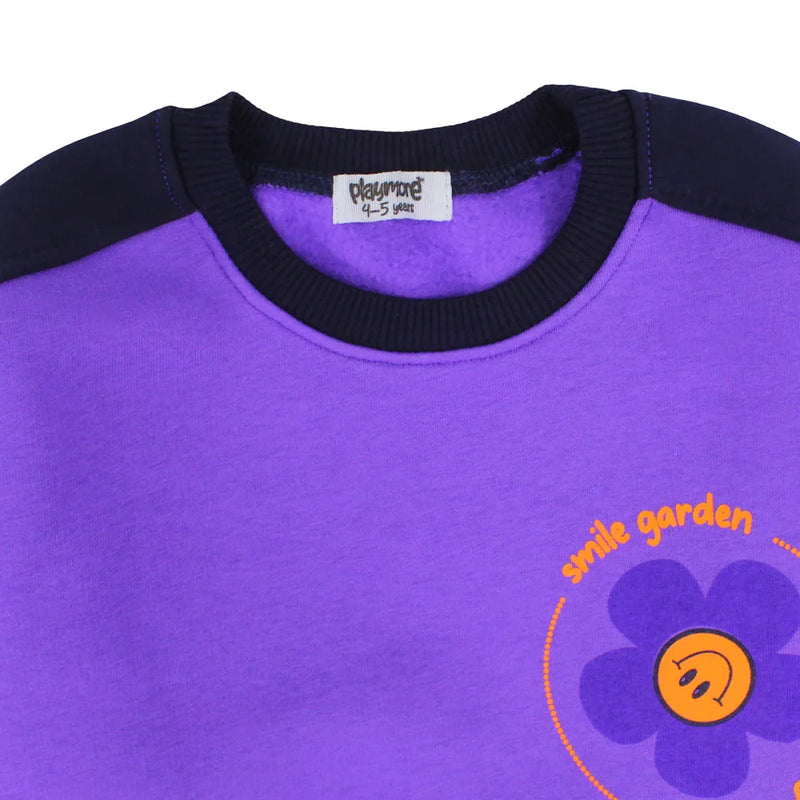 girls cotton sweatshirt - purple with "smile garden - always happy" print