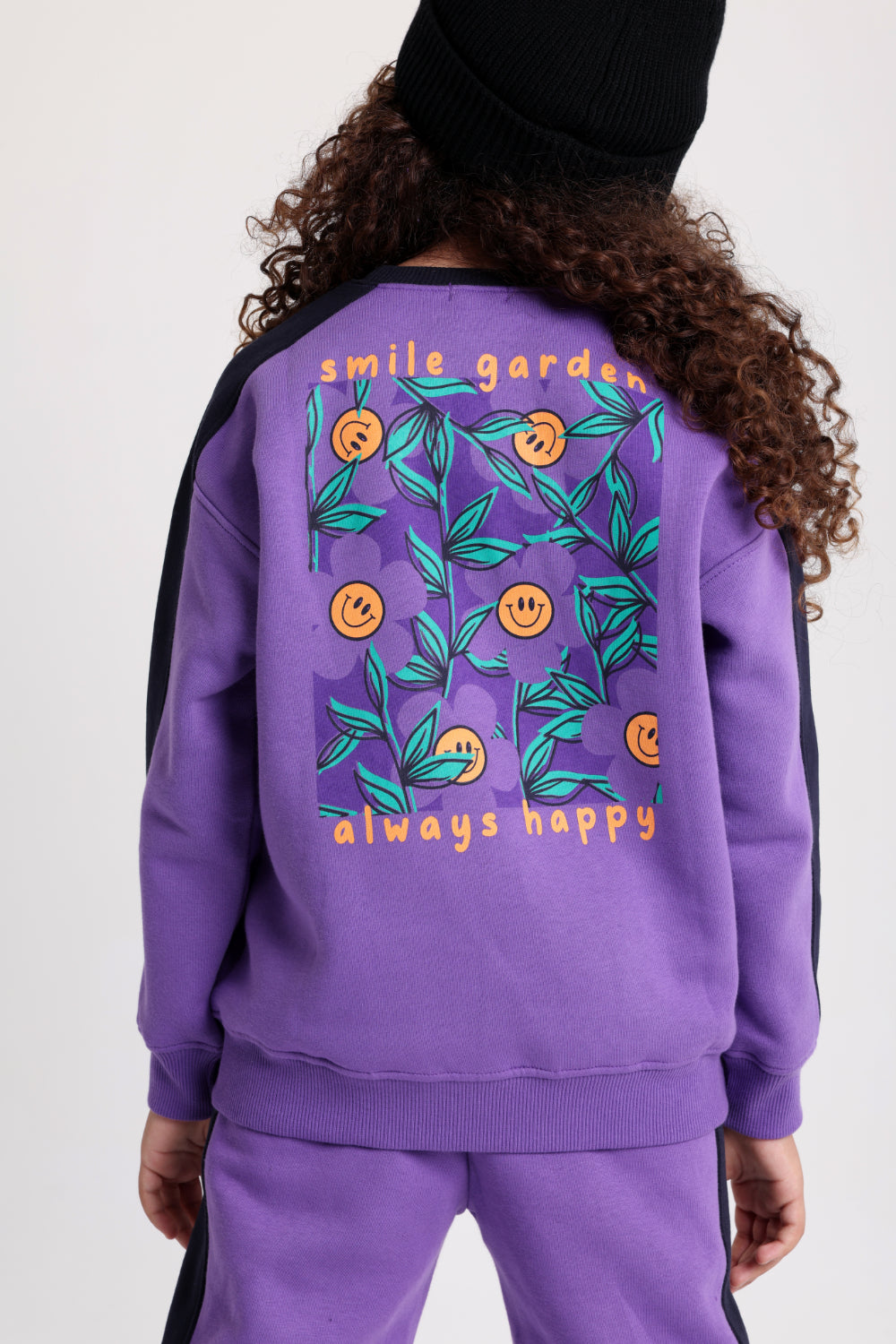 girls cotton sweatshirt - purple with "smile garden - always happy" print