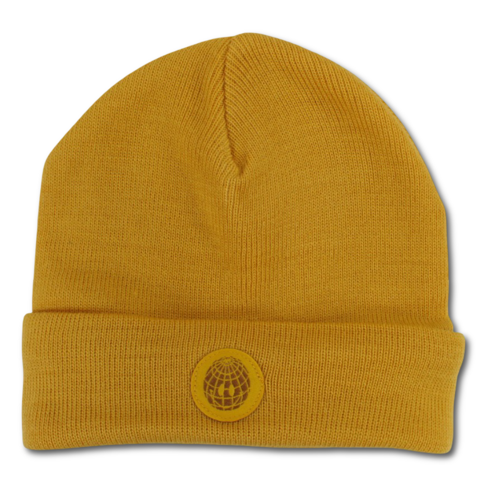 Unisex Acrylic Beanie - Mustard with Smiley Face Appliqued