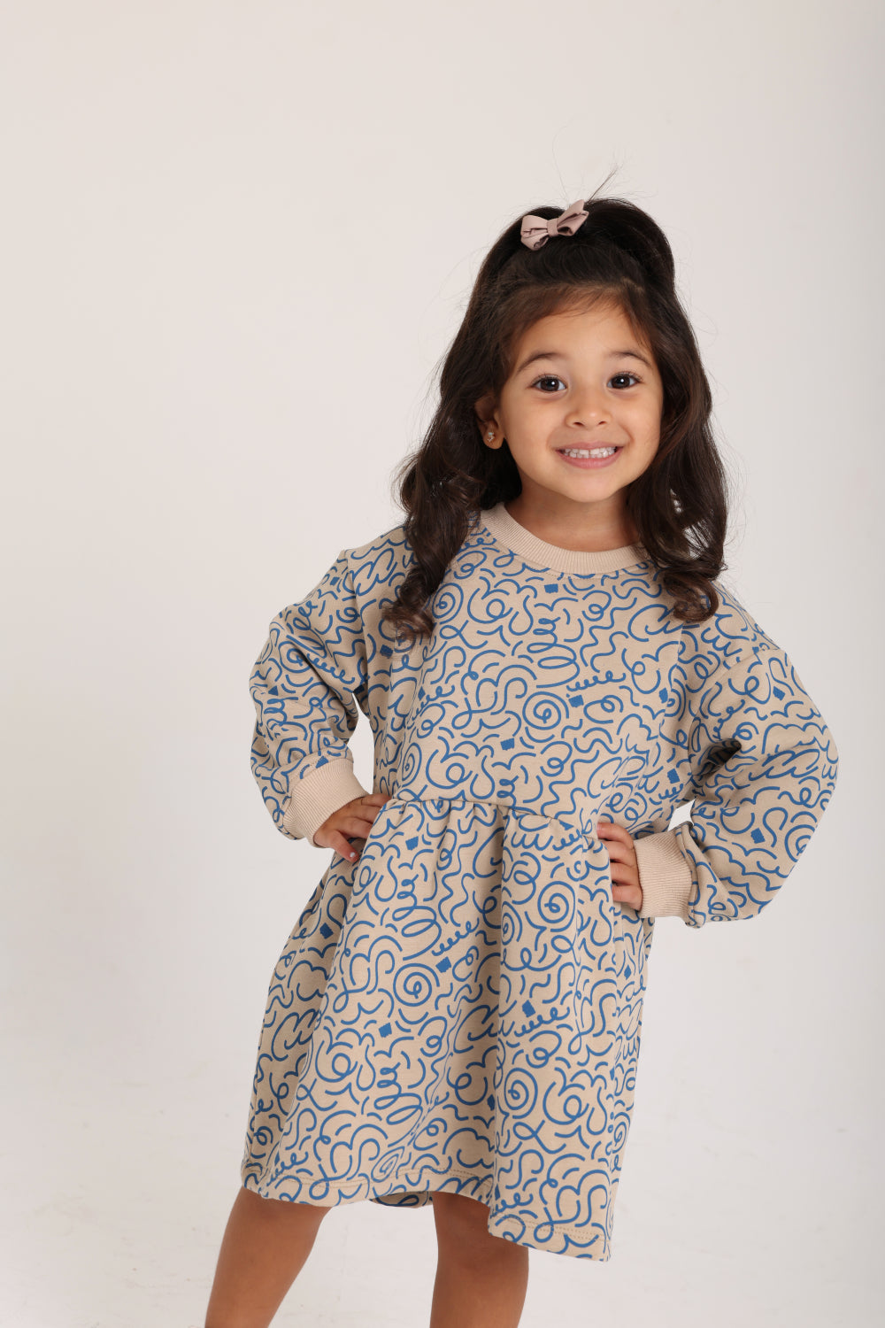 baby girls cotton dress – beige with printed blue