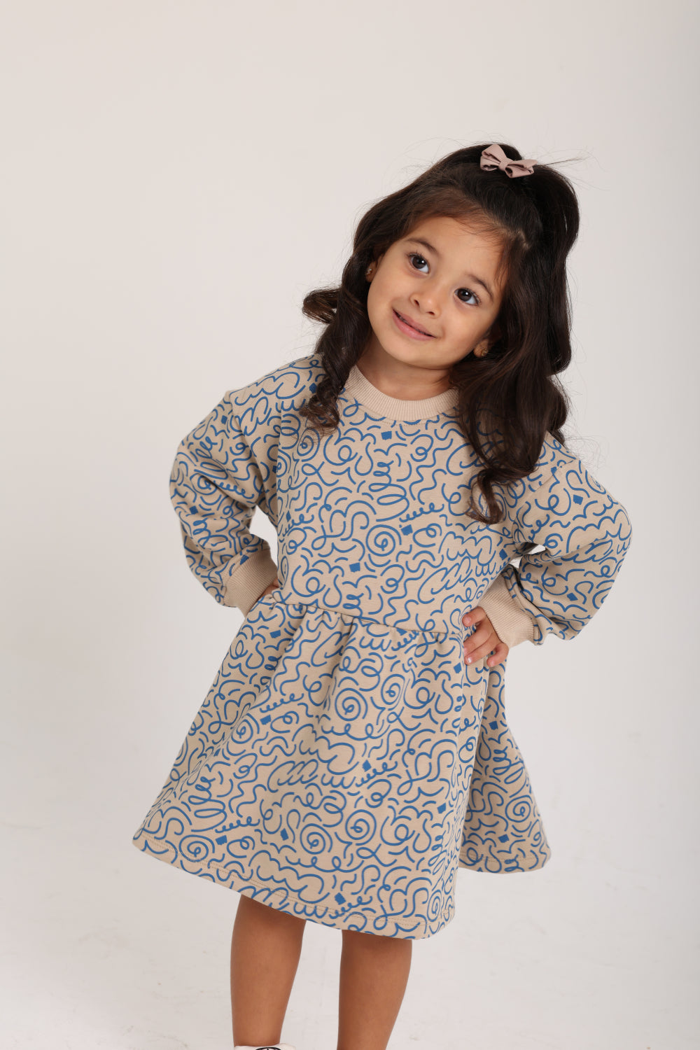 baby girls cotton dress – beige with printed blue