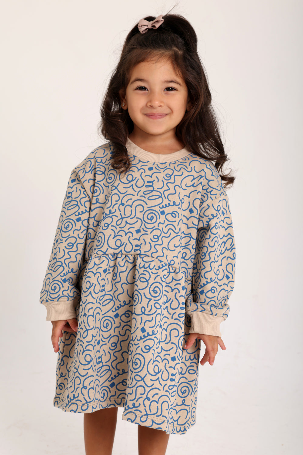 baby girls cotton dress – beige with printed blue