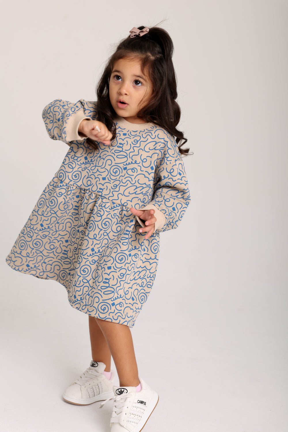 baby girls cotton dress – beige with printed blue