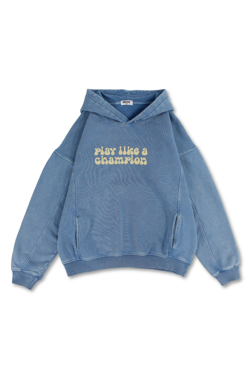 teens cotton hoodie – baby blue with "play like a champion" design